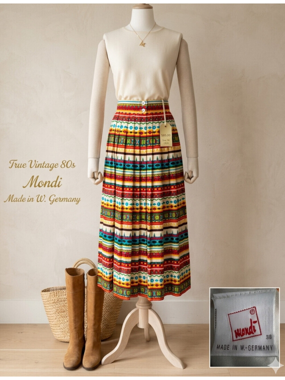 Vintage MONDI West Germany Pleated Maxi Skirt Size 38 US 8 Aztec Geometric